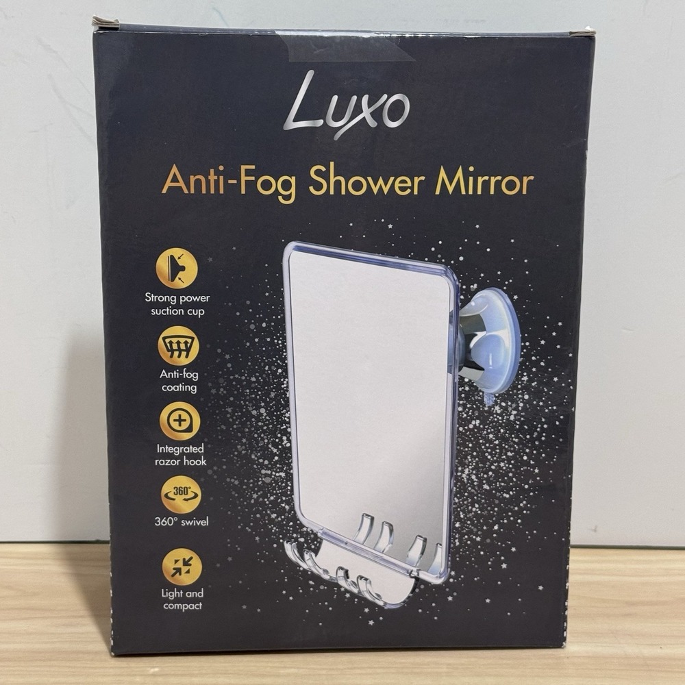 Luxo Anti-Fog Shower Mirror Chrome Strong Suction Cup 360 Swivel Razor Hook 9x7"